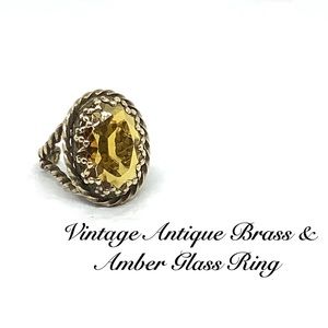 🆕Vintage Antique Brass Amber Glass Adjustable Ring